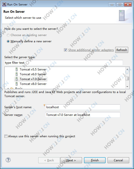 通过Eclipse启动Tomcat-服务器选择Tomcat v7.0 Server